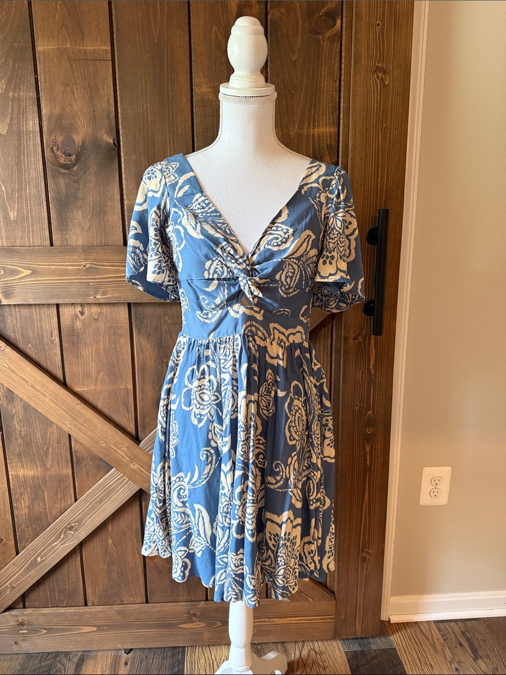 Angie Blue and Cream Floral Twist-Front Mini Dress